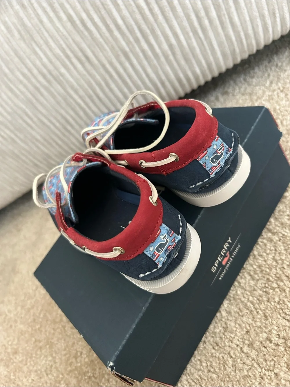Sperry Kids Red, Navy & Light Blue Patterned Moccasins